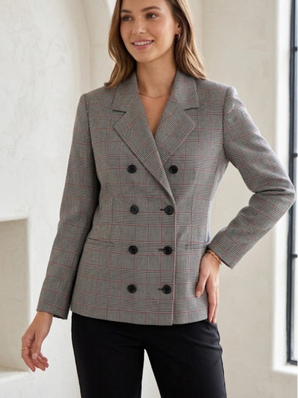 Vintage Jones New York Plaid Herringbone Houndstooth Double Breasted Blazer